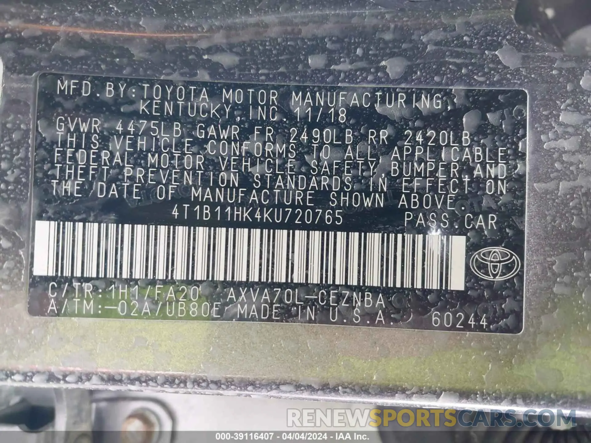 9 fotografías del automóvil dañado 4T1B11HK4KU720765 TOYOTA CAMRY 2019