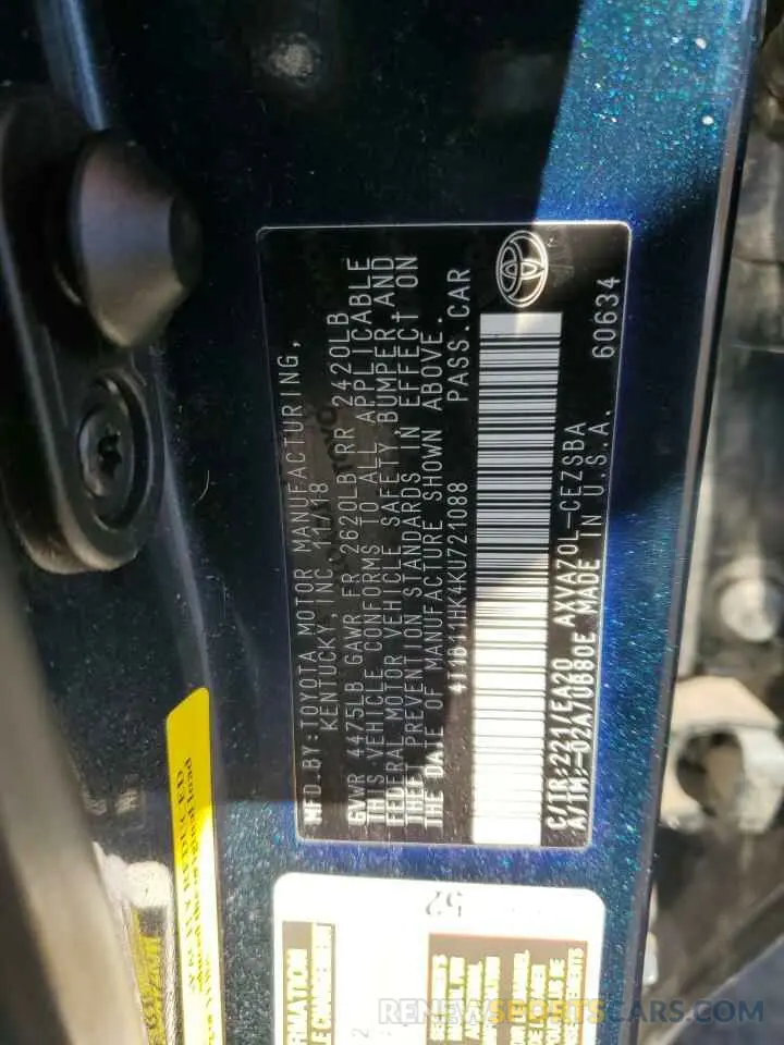 12 fotografías del automóvil dañado 4T1B11HK4KU721088 TOYOTA CAMRY 2019