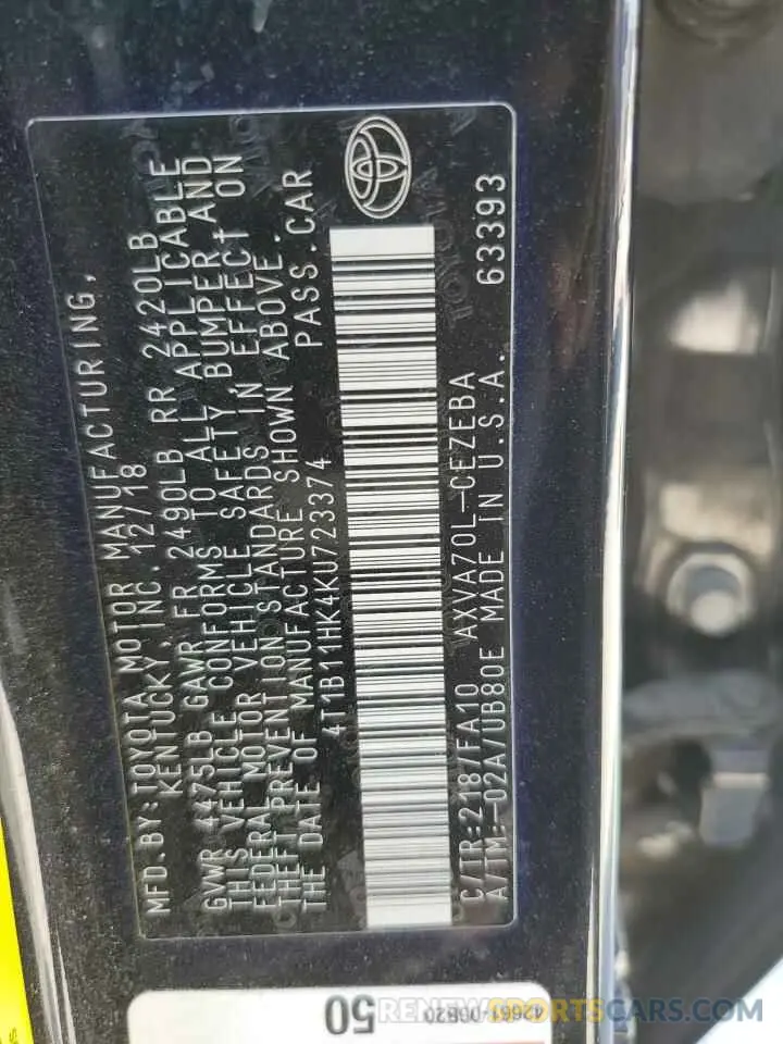 12 fotografías del automóvil dañado 4T1B11HK4KU723374 TOYOTA CAMRY 2019