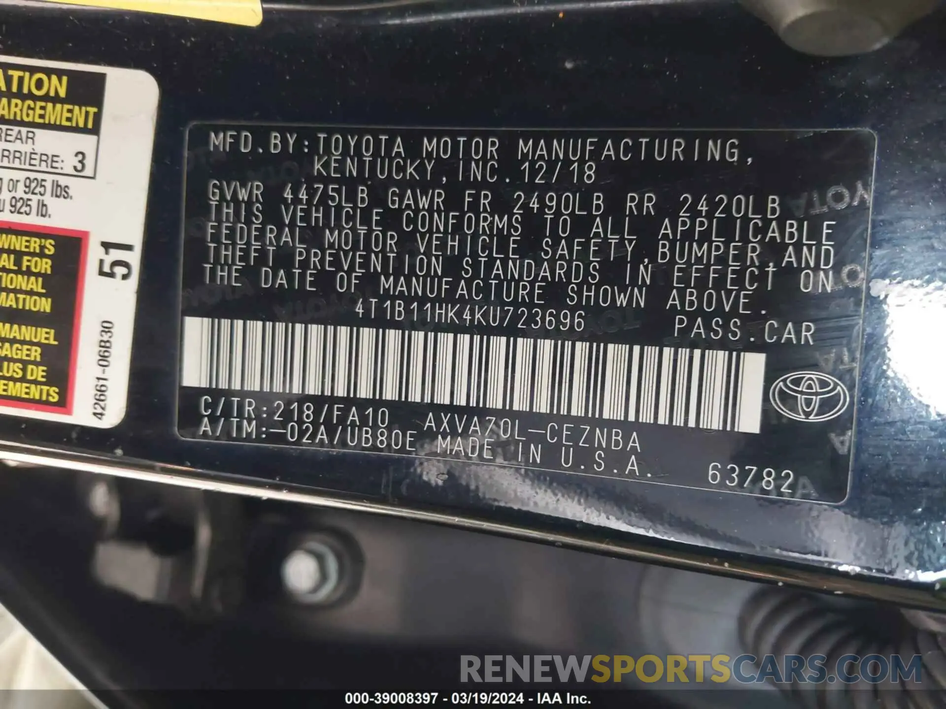 9 fotografías del automóvil dañado 4T1B11HK4KU723696 TOYOTA CAMRY 2019