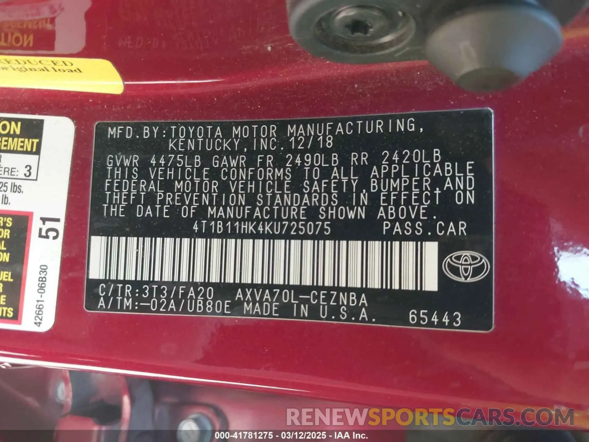 9 fotografías del automóvil dañado 4T1B11HK4KU725075 TOYOTA CAMRY 2019