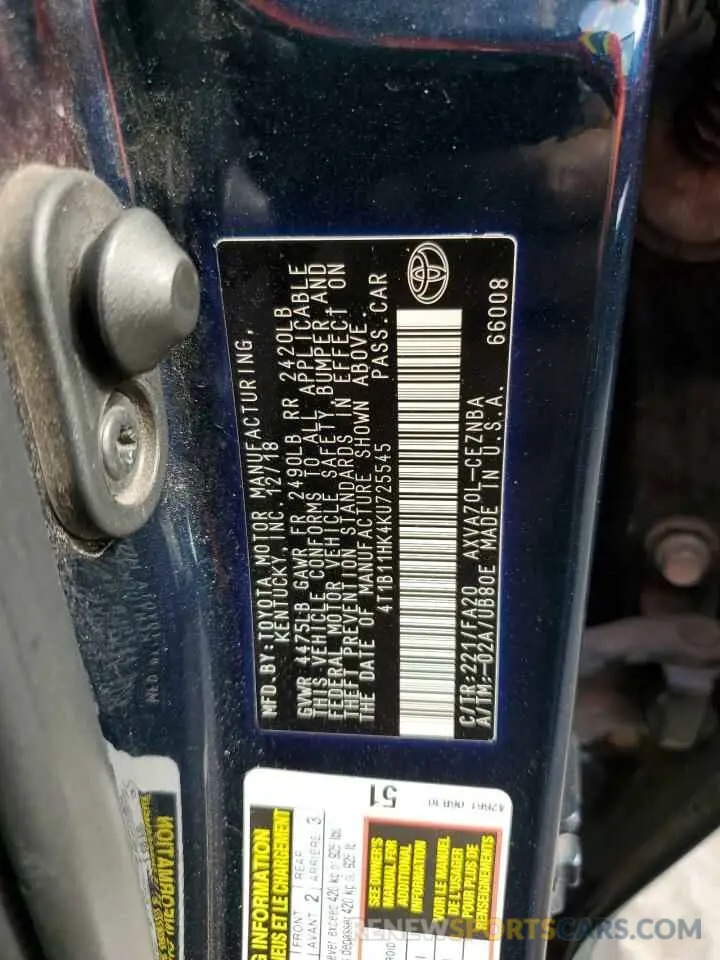 12 fotografías del automóvil dañado 4T1B11HK4KU725545 TOYOTA CAMRY 2019