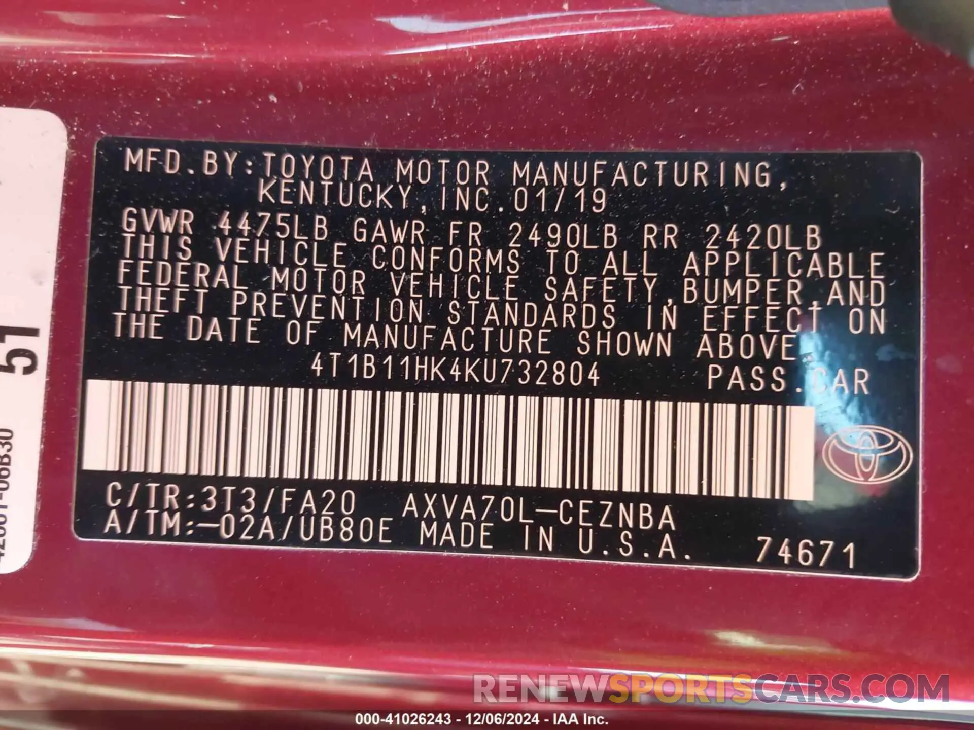 9 fotografías del automóvil dañado 4T1B11HK4KU732804 TOYOTA CAMRY 2019