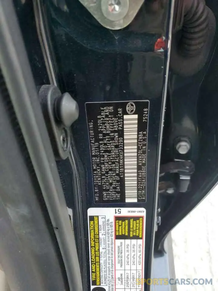 13 fotografías del automóvil dañado 4T1B11HK4KU733290 TOYOTA CAMRY 2019