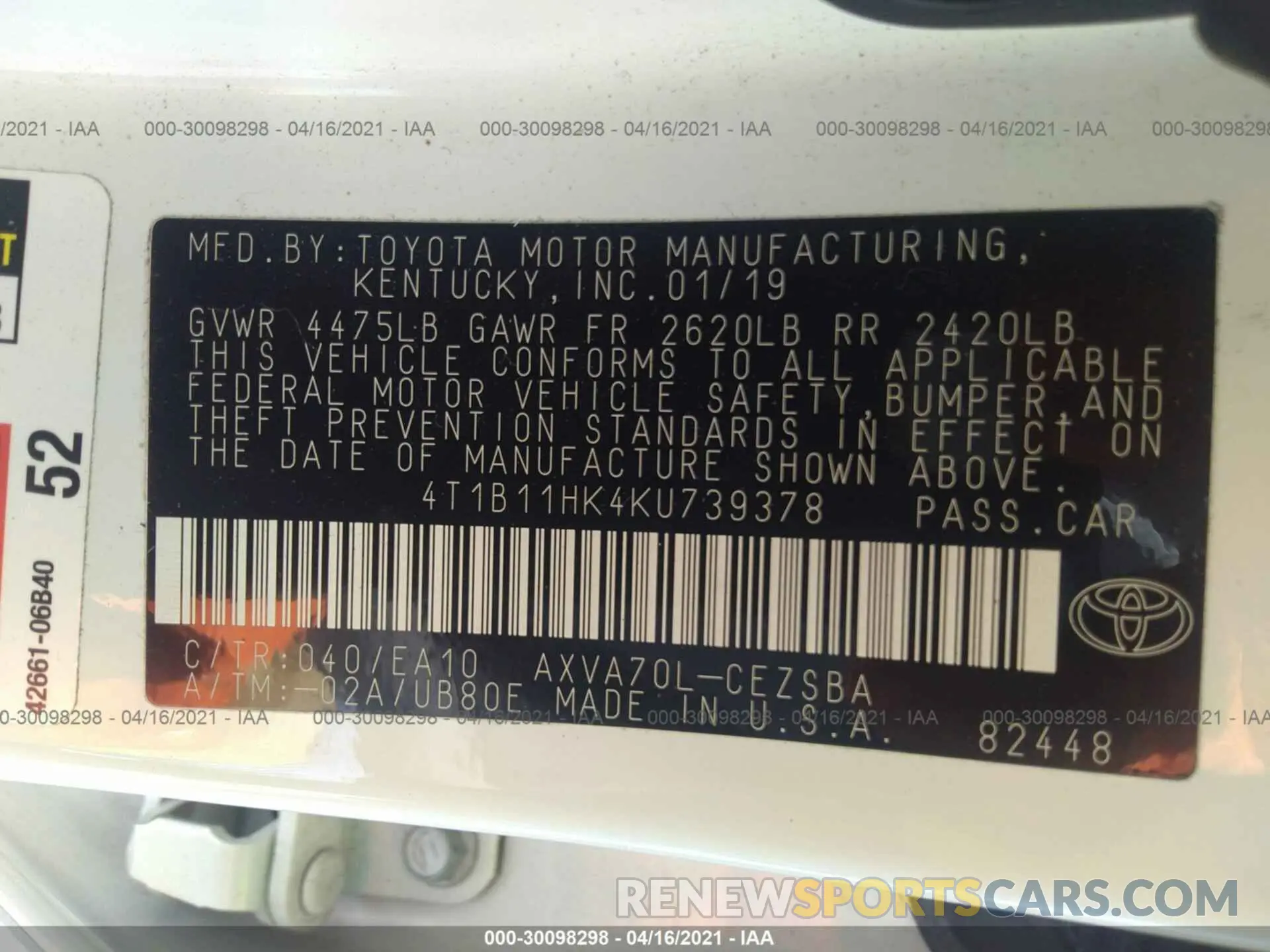 9 fotografías del automóvil dañado 4T1B11HK4KU739378 TOYOTA CAMRY 2019