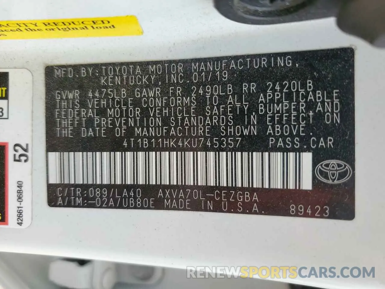 12 fotografías del automóvil dañado 4T1B11HK4KU745357 TOYOTA CAMRY 2019