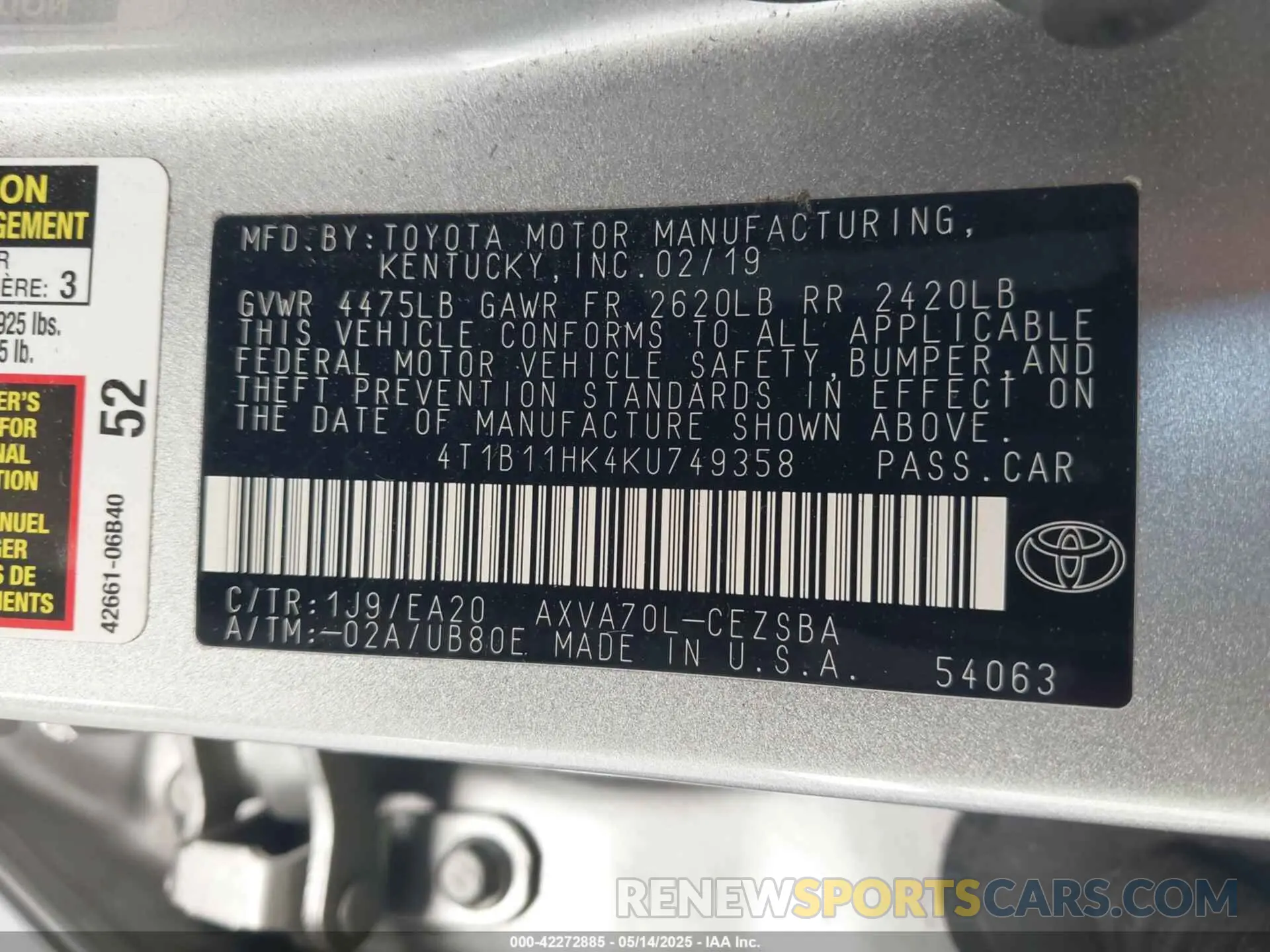 9 fotografías del automóvil dañado 4T1B11HK4KU749358 TOYOTA CAMRY 2019