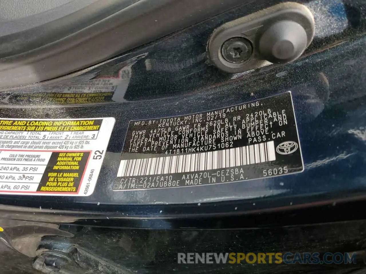 12 fotografías del automóvil dañado 4T1B11HK4KU751062 TOYOTA CAMRY 2019