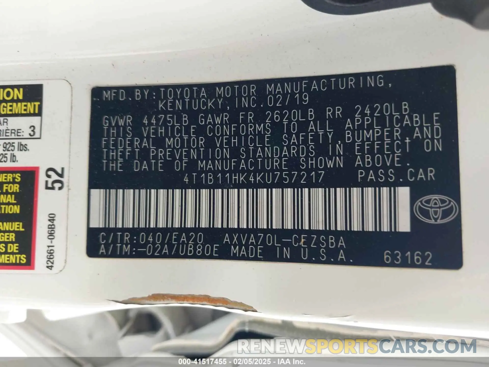 9 fotografías del automóvil dañado 4T1B11HK4KU757217 TOYOTA CAMRY 2019