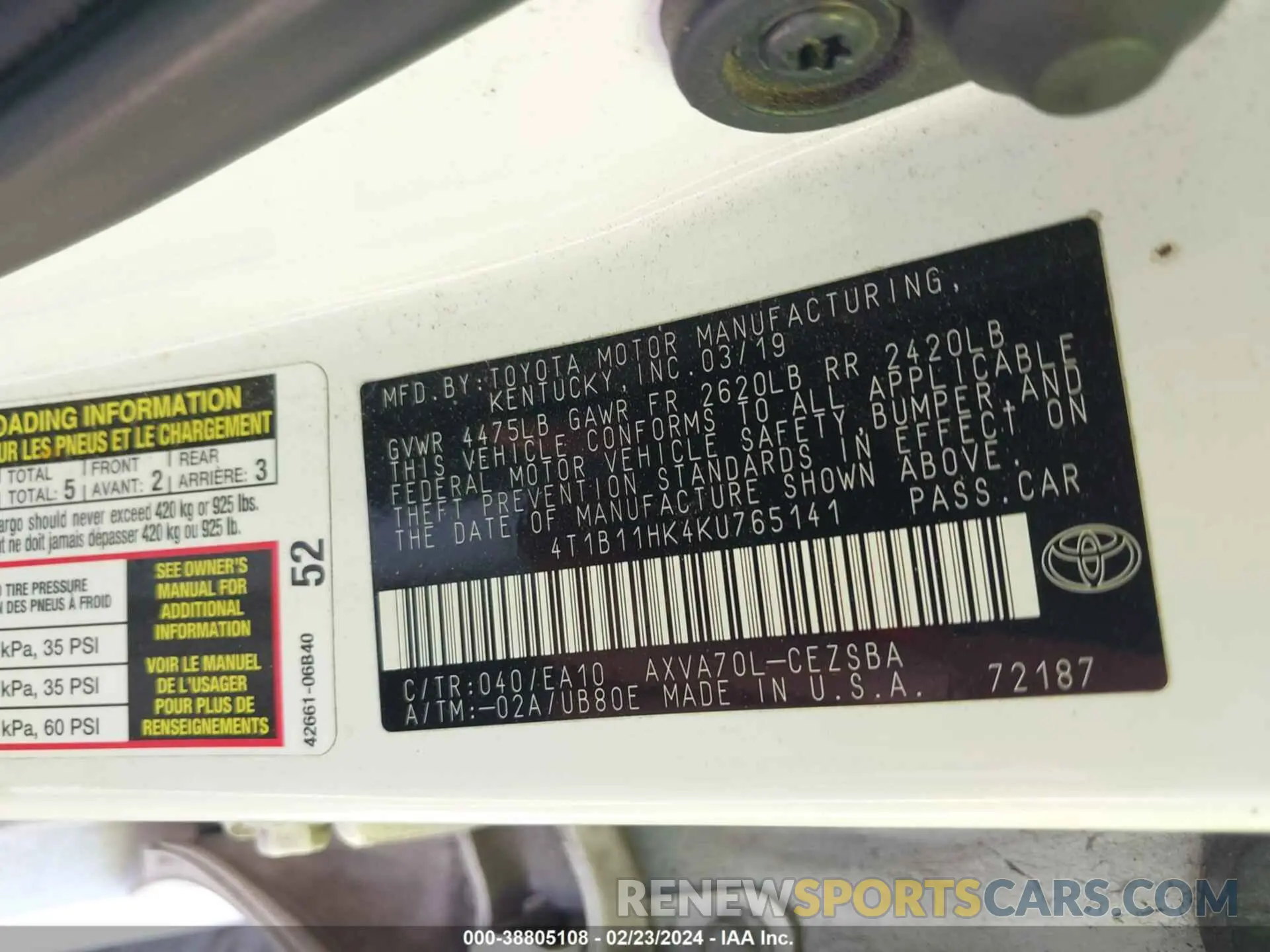 9 fotografías del automóvil dañado 4T1B11HK4KU765141 TOYOTA CAMRY 2019