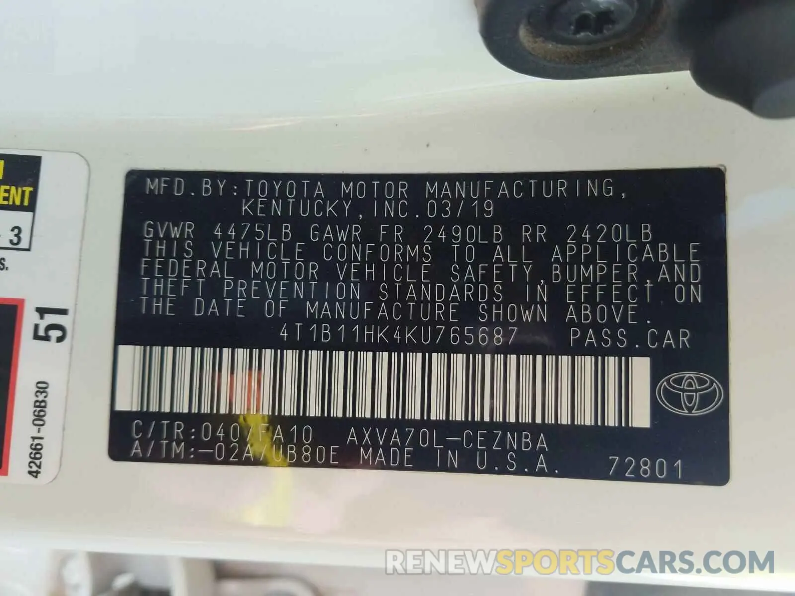 10 fotografías del automóvil dañado 4T1B11HK4KU765687 TOYOTA CAMRY 2019
