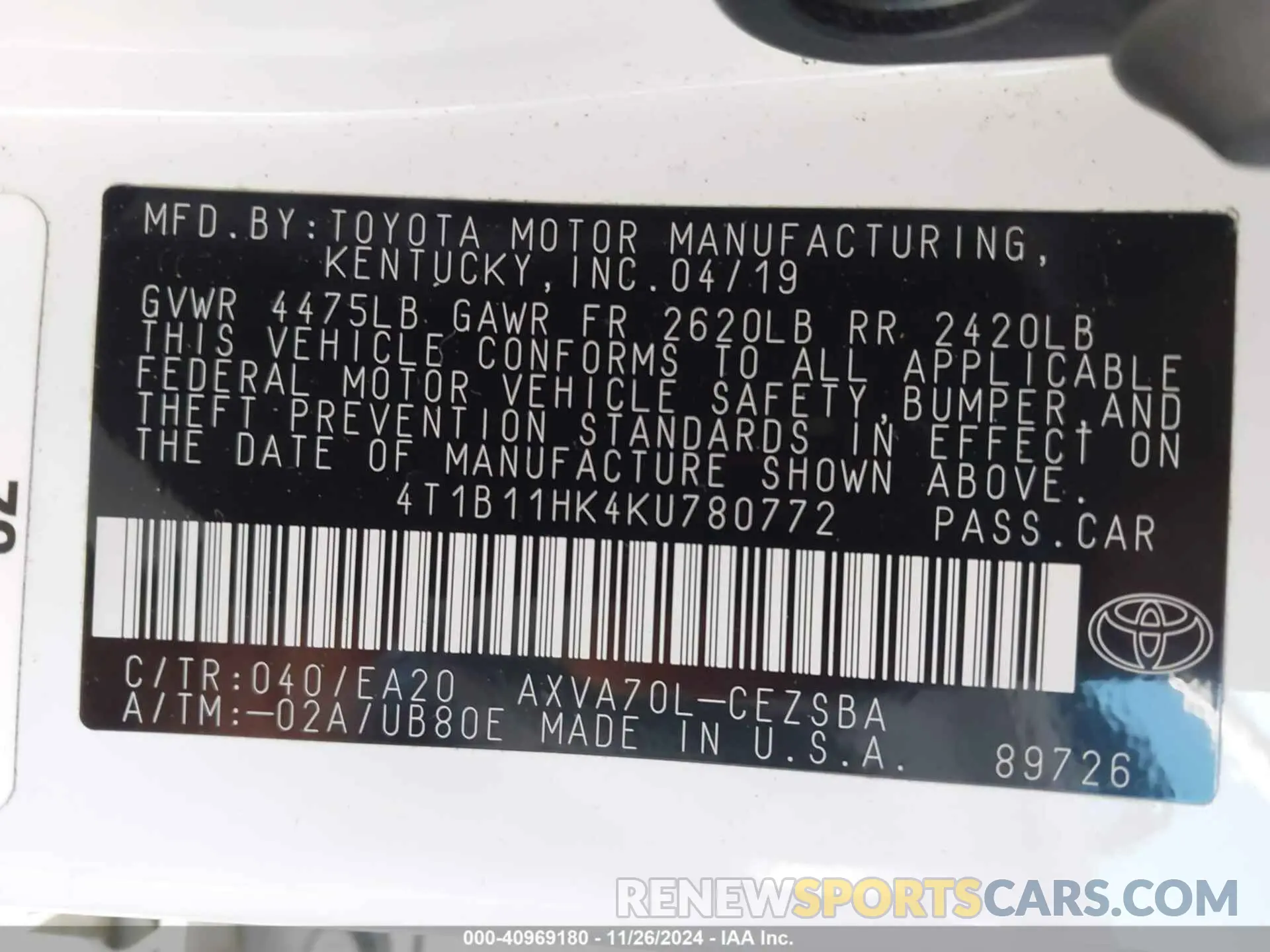 9 fotografías del automóvil dañado 4T1B11HK4KU780772 TOYOTA CAMRY 2019