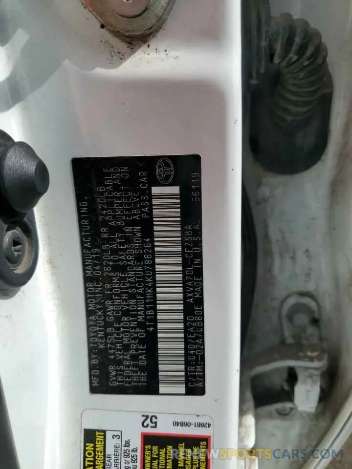 12 fotografías del automóvil dañado 4T1B11HK4KU786264 TOYOTA CAMRY 2019