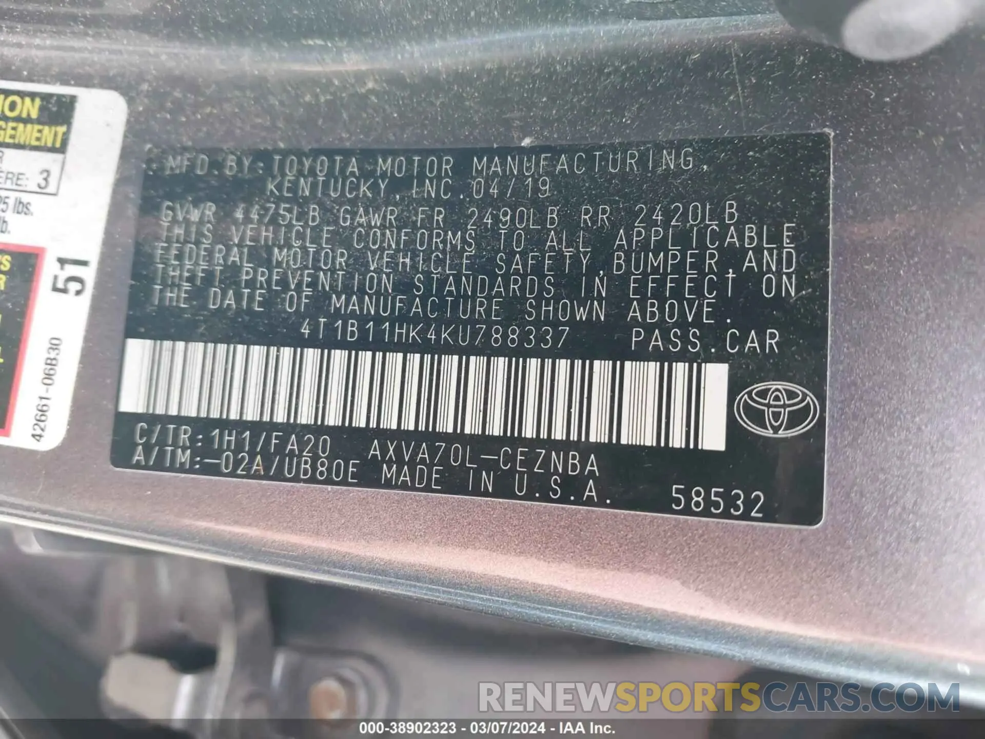 9 fotografías del automóvil dañado 4T1B11HK4KU788337 TOYOTA CAMRY 2019
