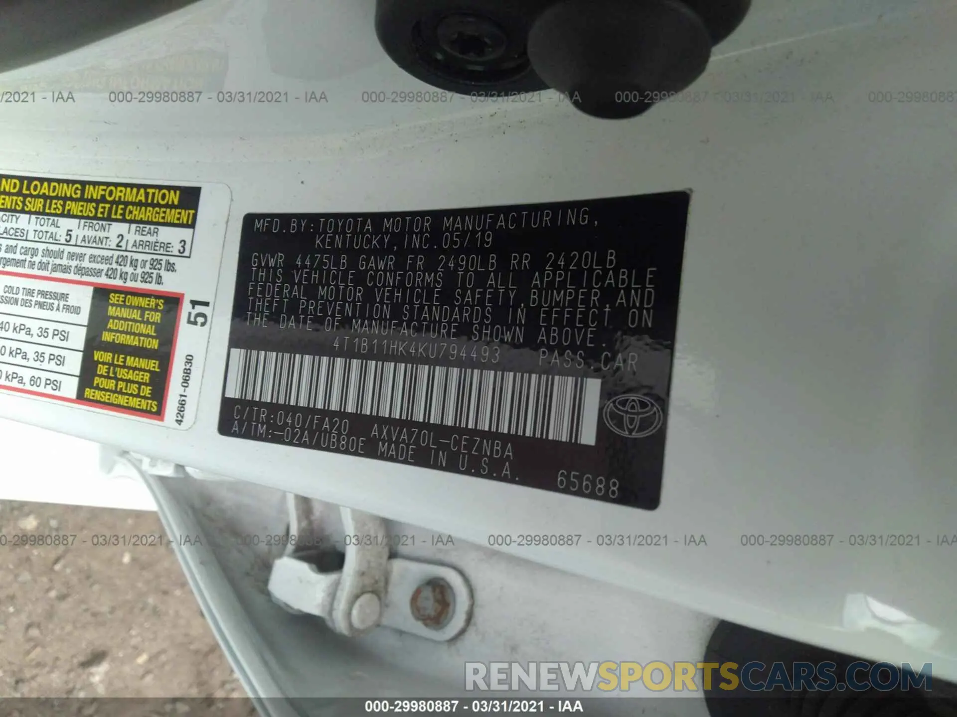 9 fotografías del automóvil dañado 4T1B11HK4KU794493 TOYOTA CAMRY 2019
