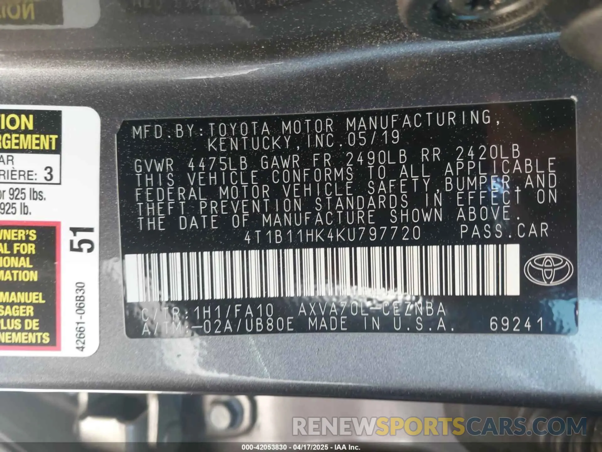 9 fotografías del automóvil dañado 4T1B11HK4KU797720 TOYOTA CAMRY 2019