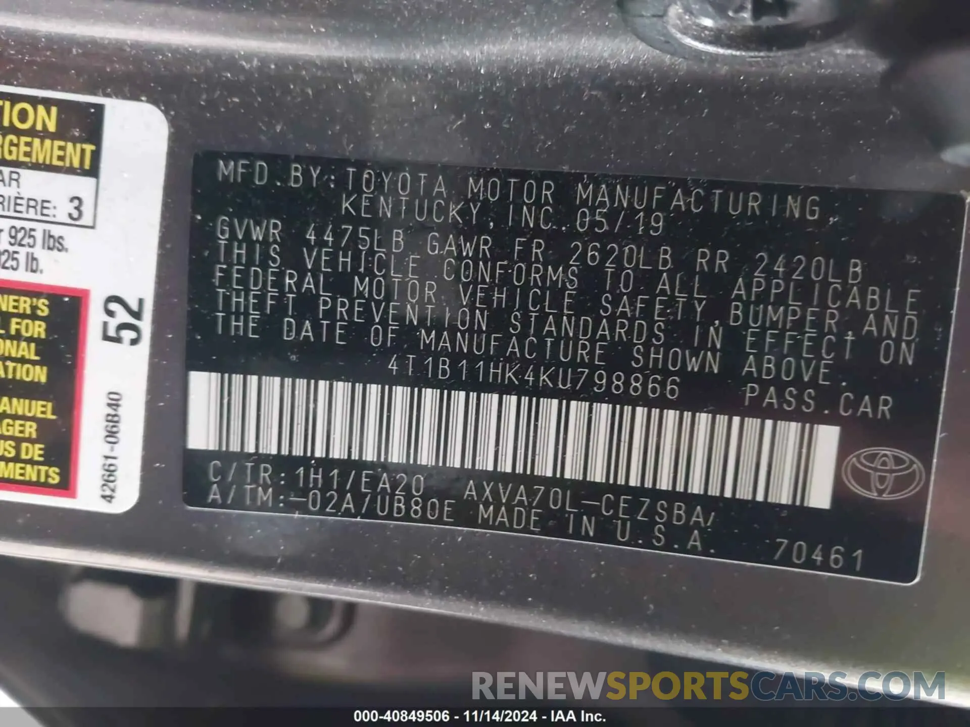 9 fotografías del automóvil dañado 4T1B11HK4KU798866 TOYOTA CAMRY 2019