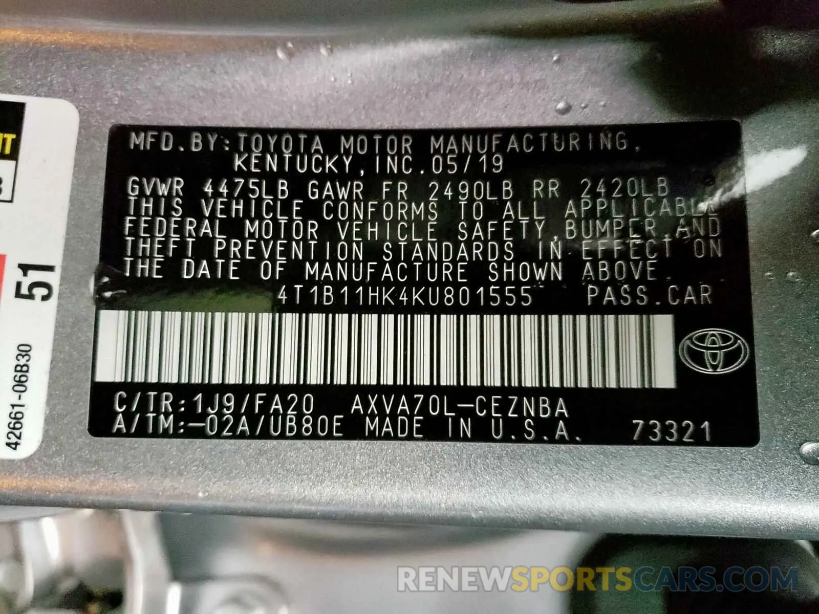 10 fotografías del automóvil dañado 4T1B11HK4KU801555 TOYOTA CAMRY 2019