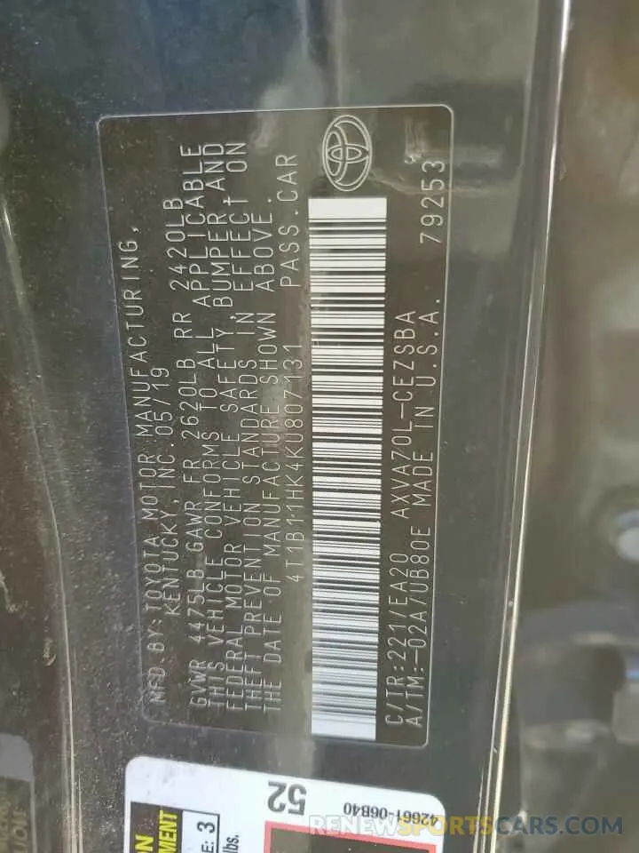 12 fotografías del automóvil dañado 4T1B11HK4KU807131 TOYOTA CAMRY 2019