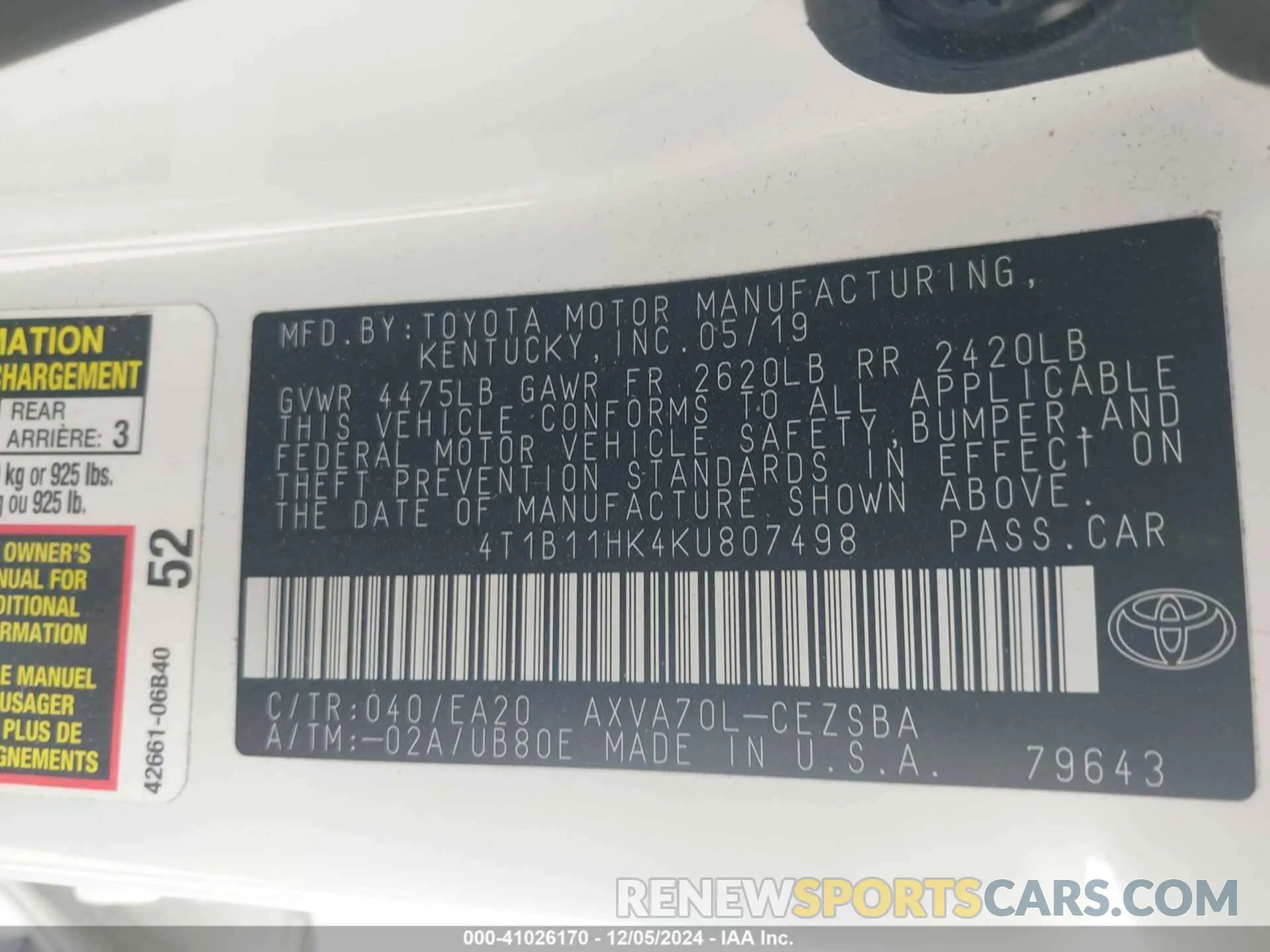 9 fotografías del automóvil dañado 4T1B11HK4KU807498 TOYOTA CAMRY 2019