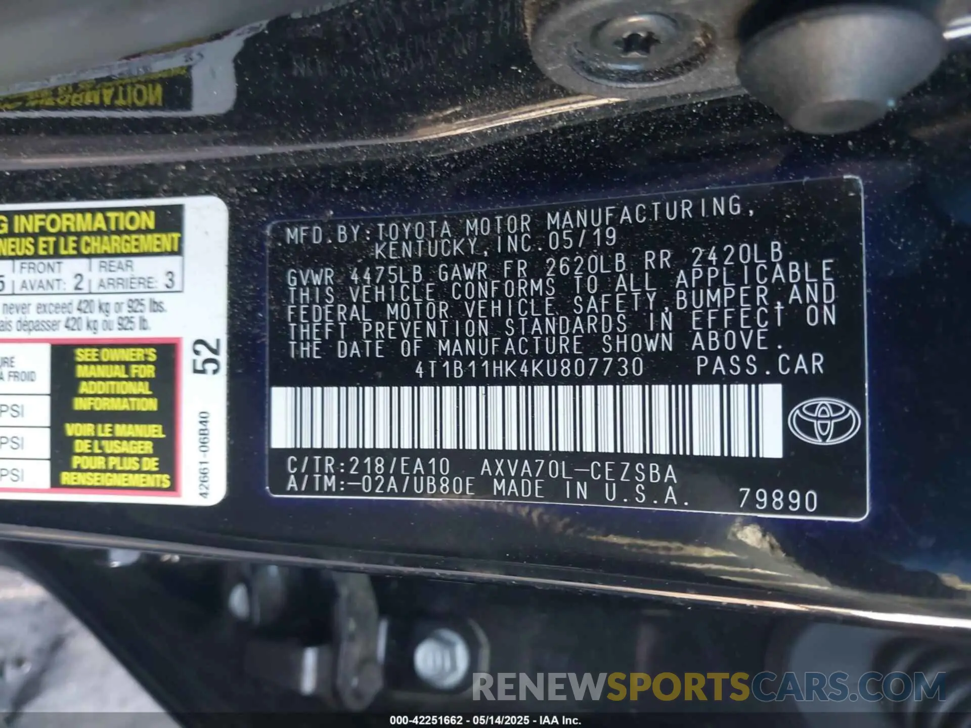 9 fotografías del automóvil dañado 4T1B11HK4KU807730 TOYOTA CAMRY 2019