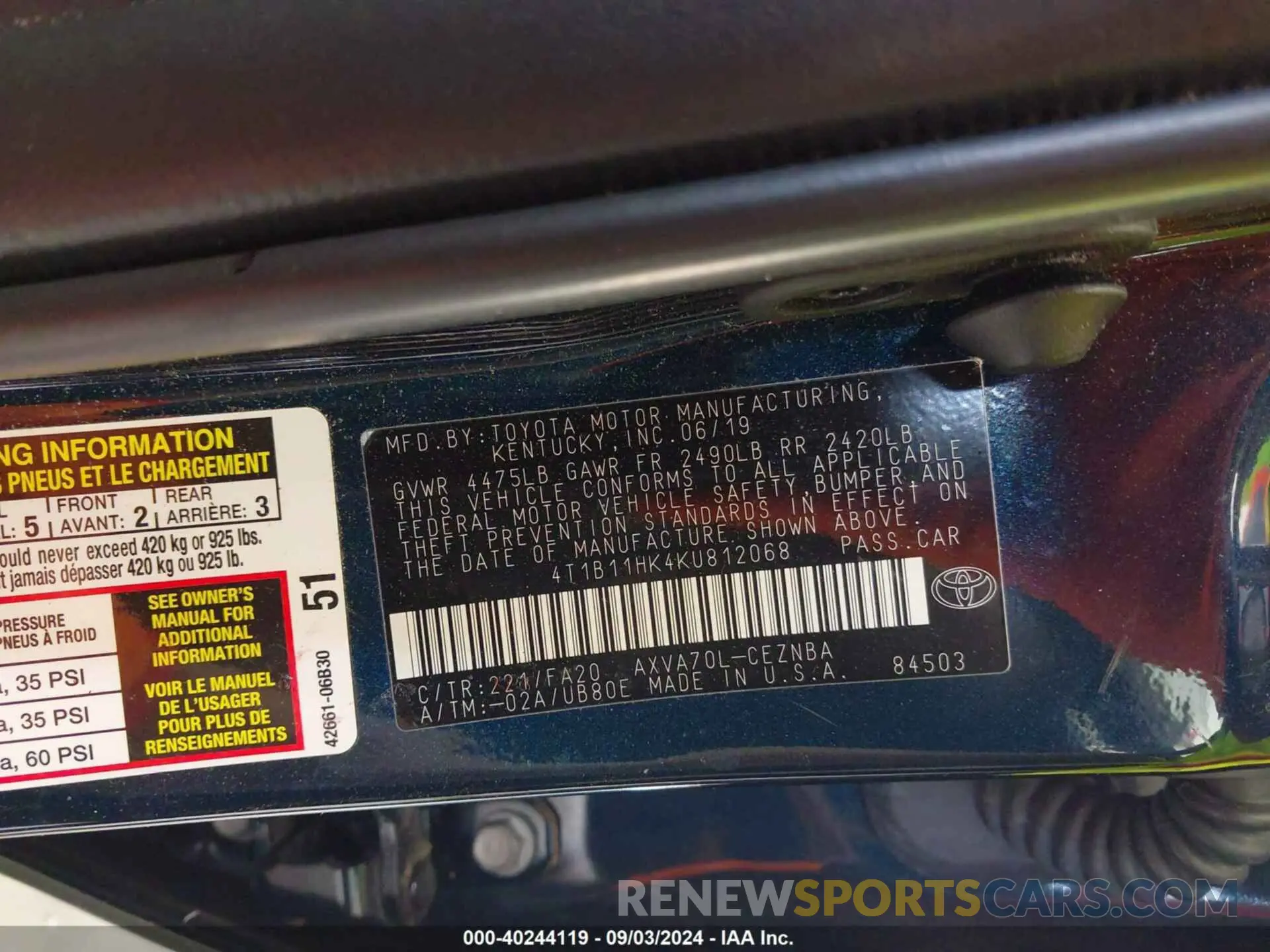 9 fotografías del automóvil dañado 4T1B11HK4KU812068 TOYOTA CAMRY 2019