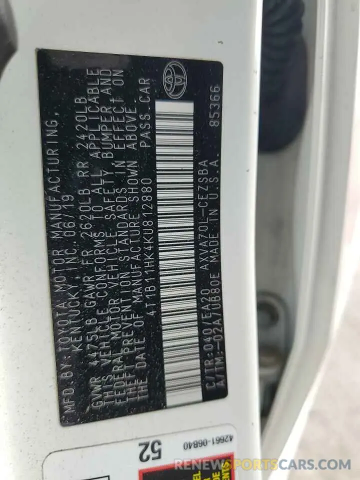 13 fotografías del automóvil dañado 4T1B11HK4KU812880 TOYOTA CAMRY 2019