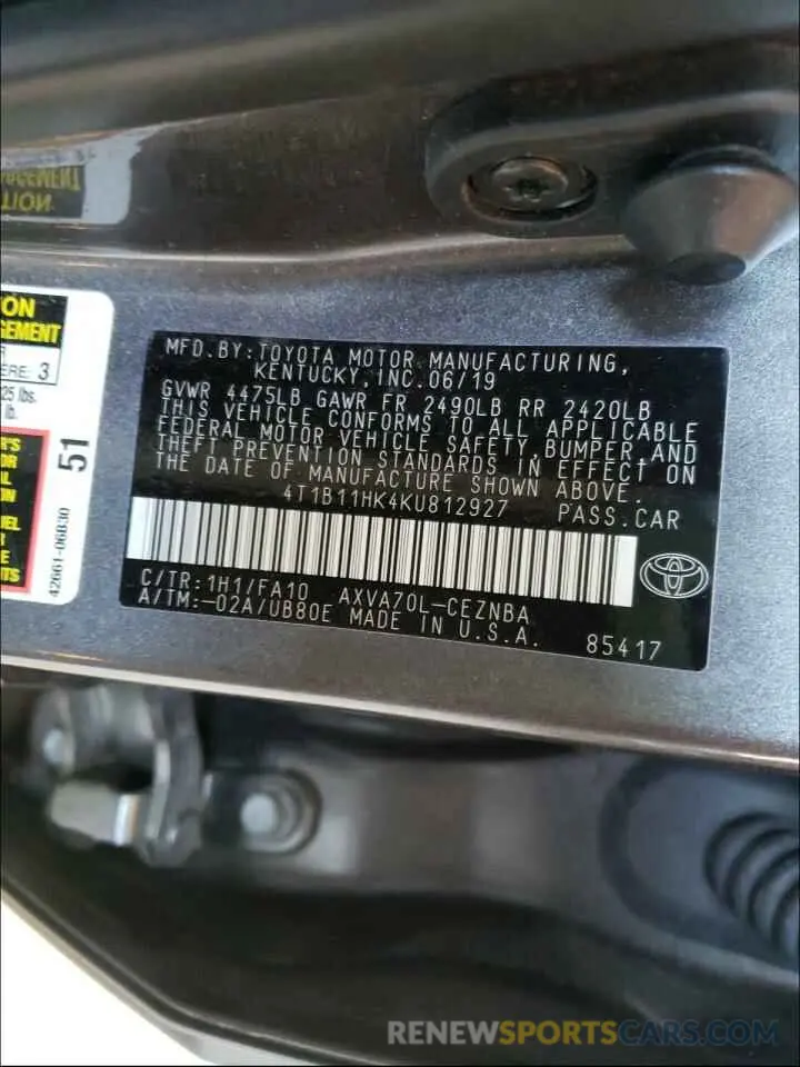 10 fotografías del automóvil dañado 4T1B11HK4KU812927 TOYOTA CAMRY 2019