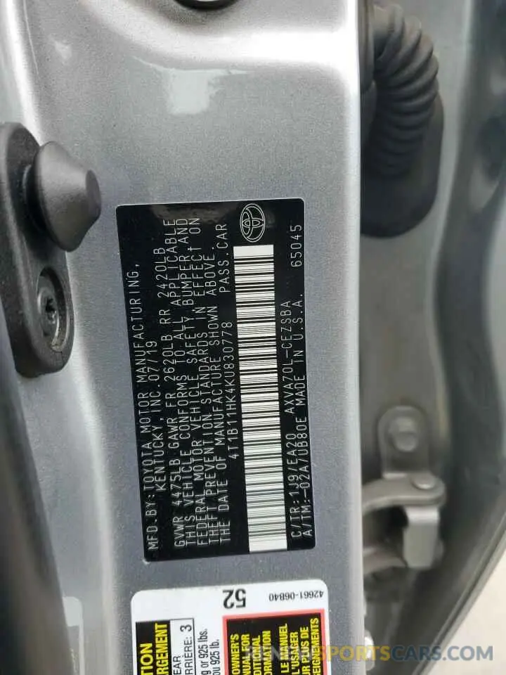 12 fotografías del automóvil dañado 4T1B11HK4KU830778 TOYOTA CAMRY 2019