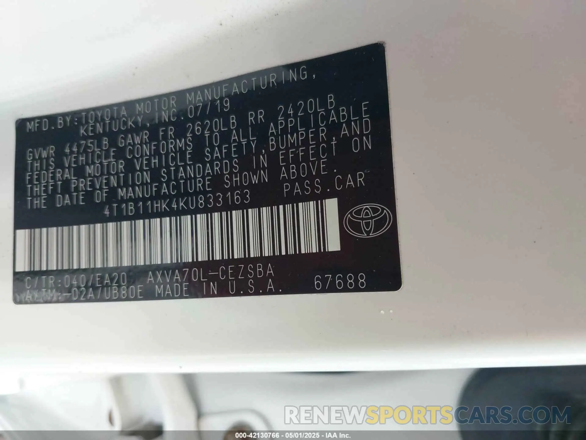 9 fotografías del automóvil dañado 4T1B11HK4KU833163 TOYOTA CAMRY 2019
