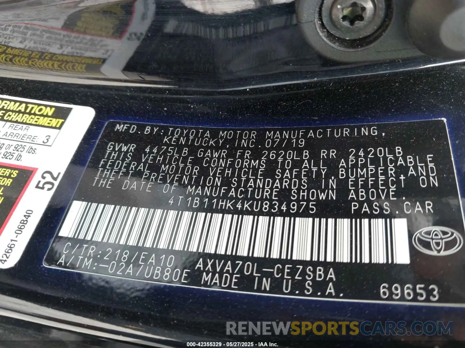 9 fotografías del automóvil dañado 4T1B11HK4KU834975 TOYOTA CAMRY 2019