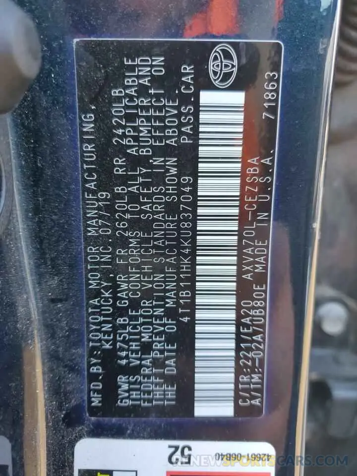 12 fotografías del automóvil dañado 4T1B11HK4KU837049 TOYOTA CAMRY 2019