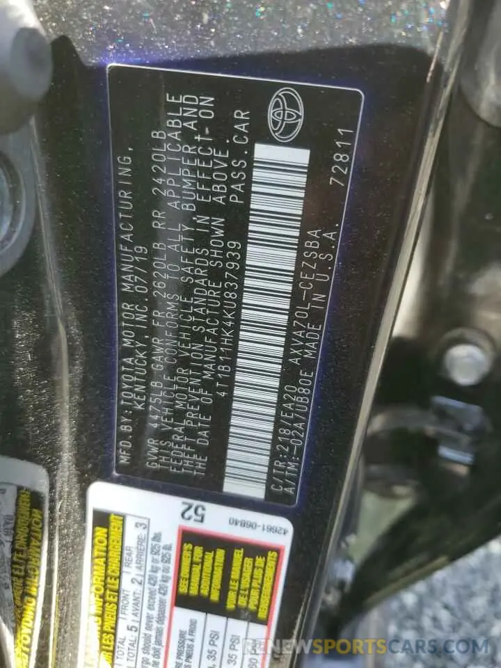 13 fotografías del automóvil dañado 4T1B11HK4KU837939 TOYOTA CAMRY 2019