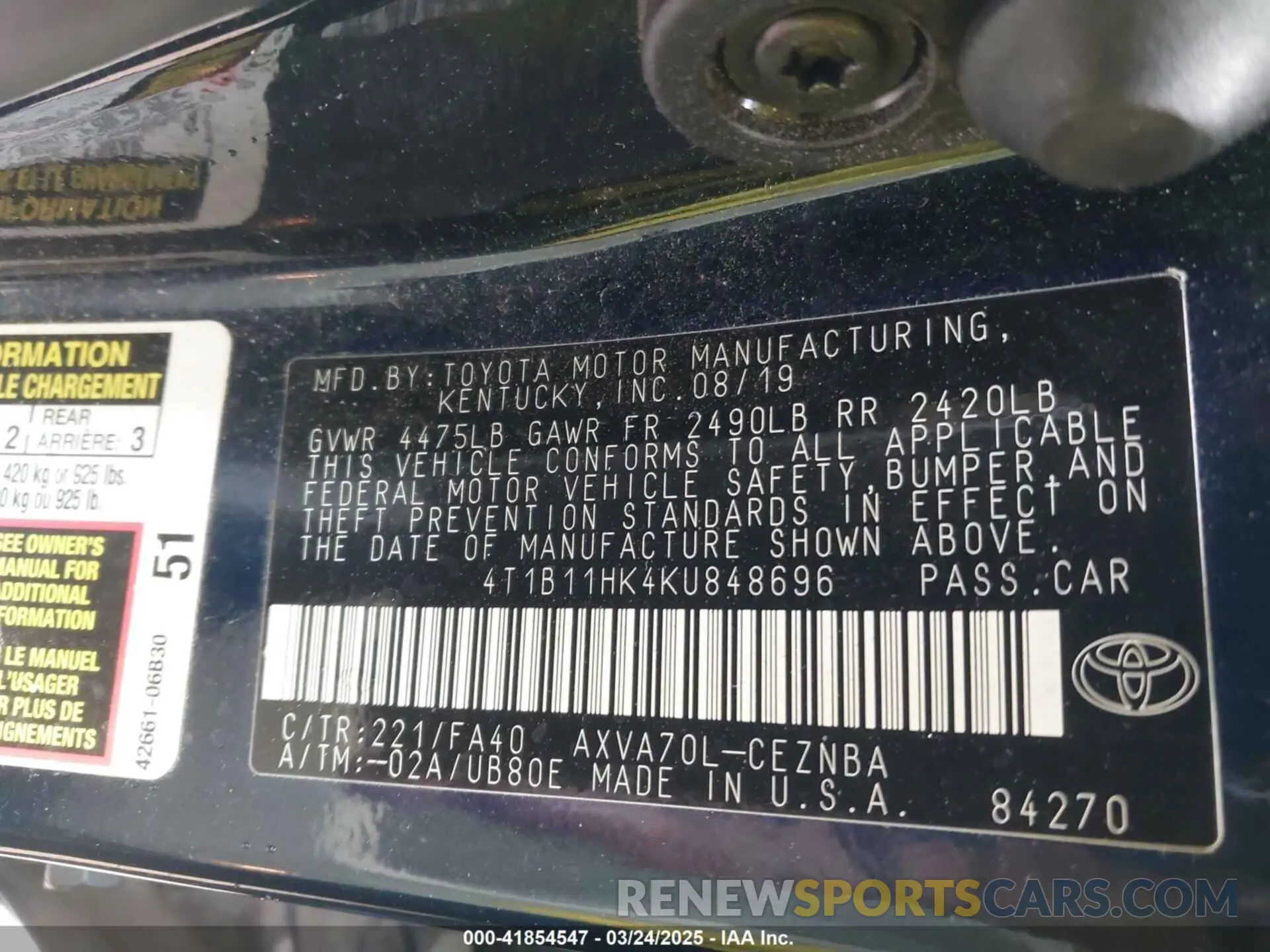 9 fotografías del automóvil dañado 4T1B11HK4KU848696 TOYOTA CAMRY 2019