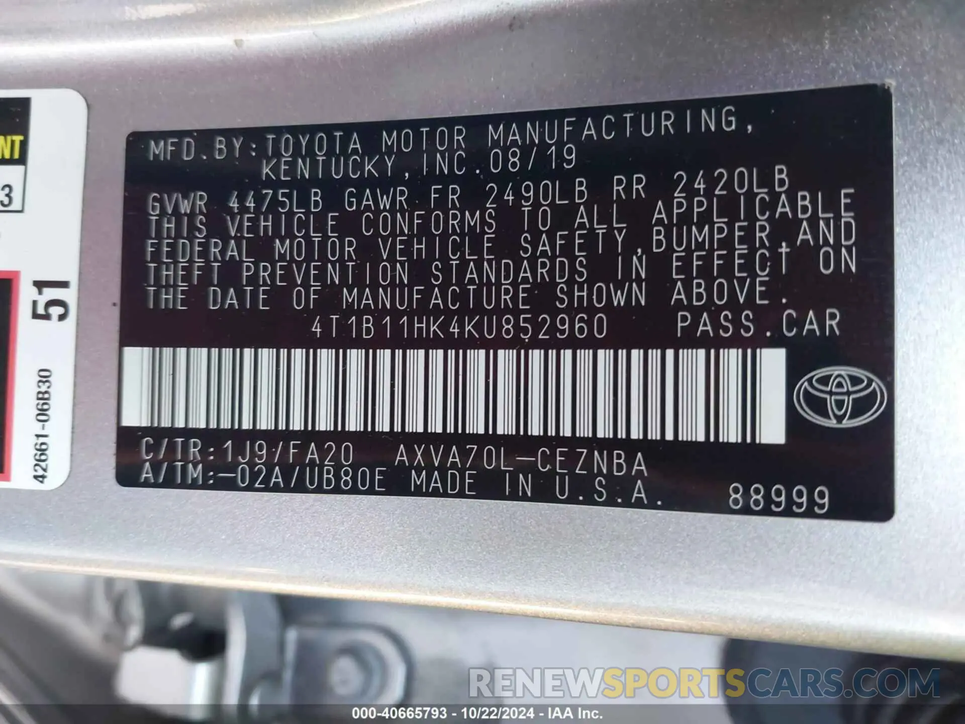 9 fotografías del automóvil dañado 4T1B11HK4KU852960 TOYOTA CAMRY 2019