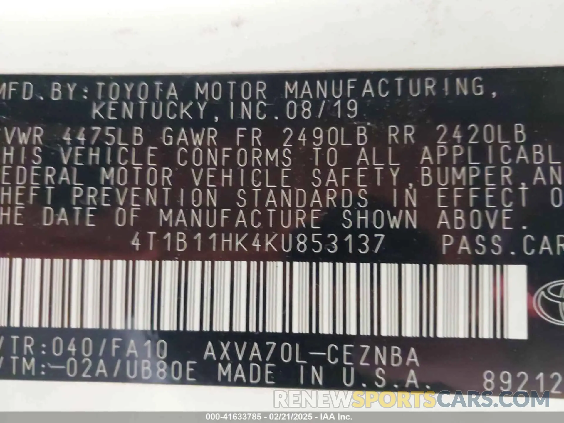 9 fotografías del automóvil dañado 4T1B11HK4KU853137 TOYOTA CAMRY 2019