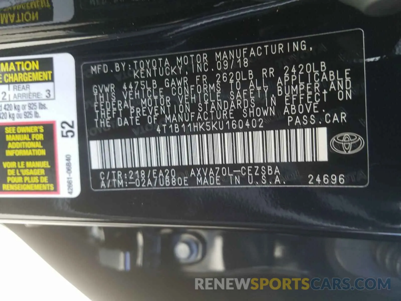10 fotografías del automóvil dañado 4T1B11HK5KU160402 TOYOTA CAMRY 2019