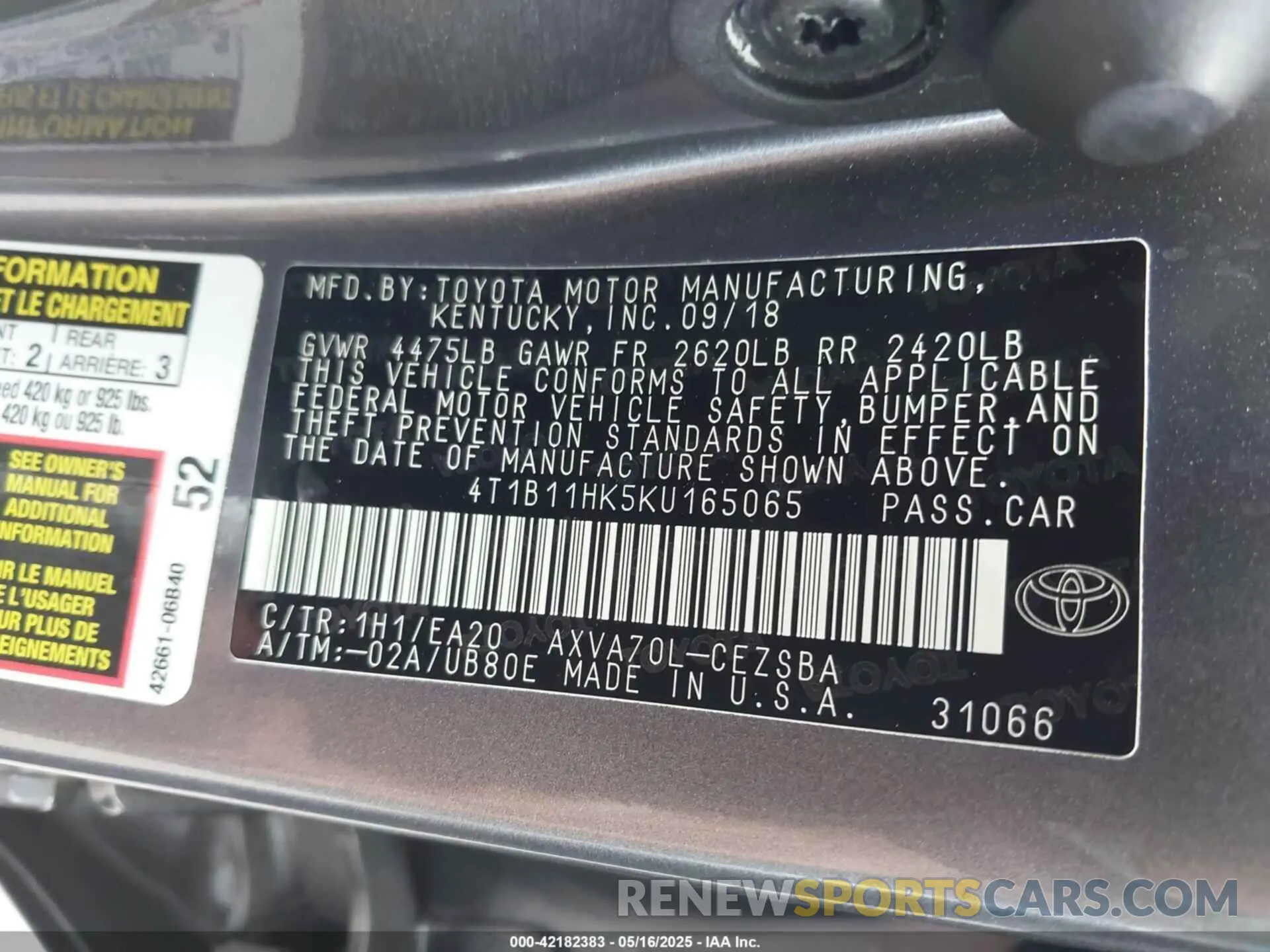 9 fotografías del automóvil dañado 4T1B11HK5KU165065 TOYOTA CAMRY 2019