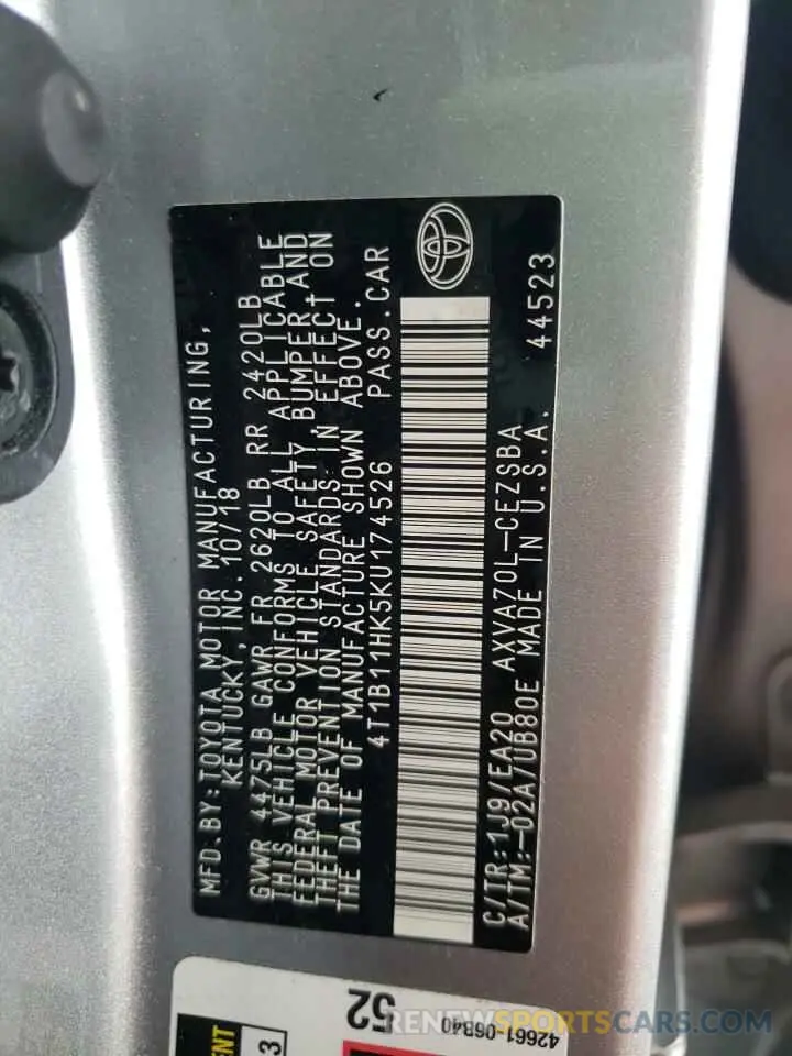 10 fotografías del automóvil dañado 4T1B11HK5KU174526 TOYOTA CAMRY 2019