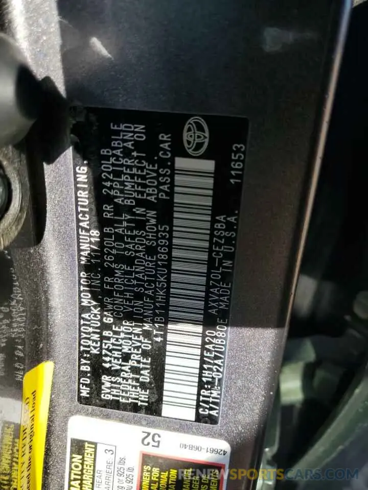 12 fotografías del automóvil dañado 4T1B11HK5KU186935 TOYOTA CAMRY 2019