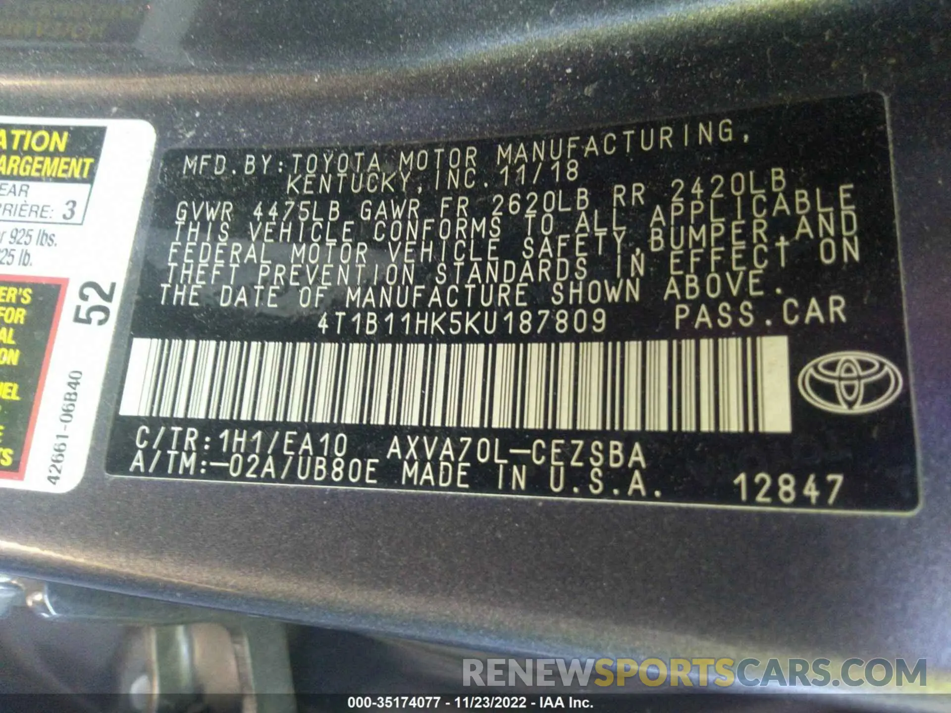 9 fotografías del automóvil dañado 4T1B11HK5KU187809 TOYOTA CAMRY 2019