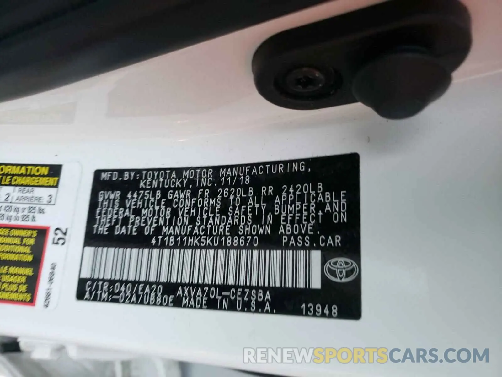 10 fotografías del automóvil dañado 4T1B11HK5KU188670 TOYOTA CAMRY 2019