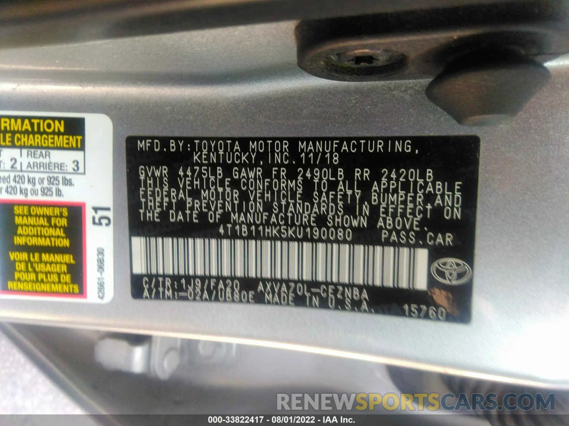 9 fotografías del automóvil dañado 4T1B11HK5KU190080 TOYOTA CAMRY 2019