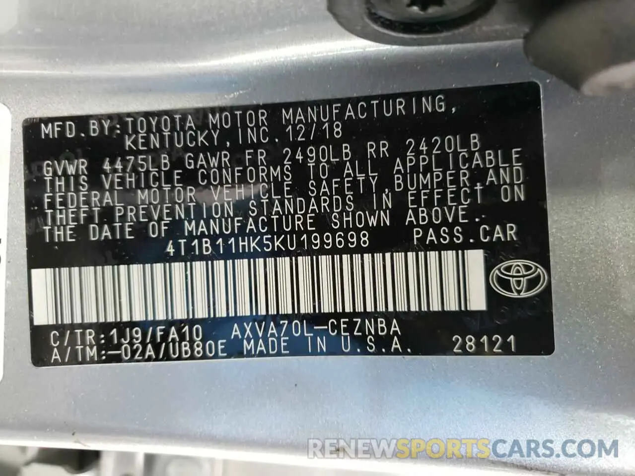 10 fotografías del automóvil dañado 4T1B11HK5KU199698 TOYOTA CAMRY 2019