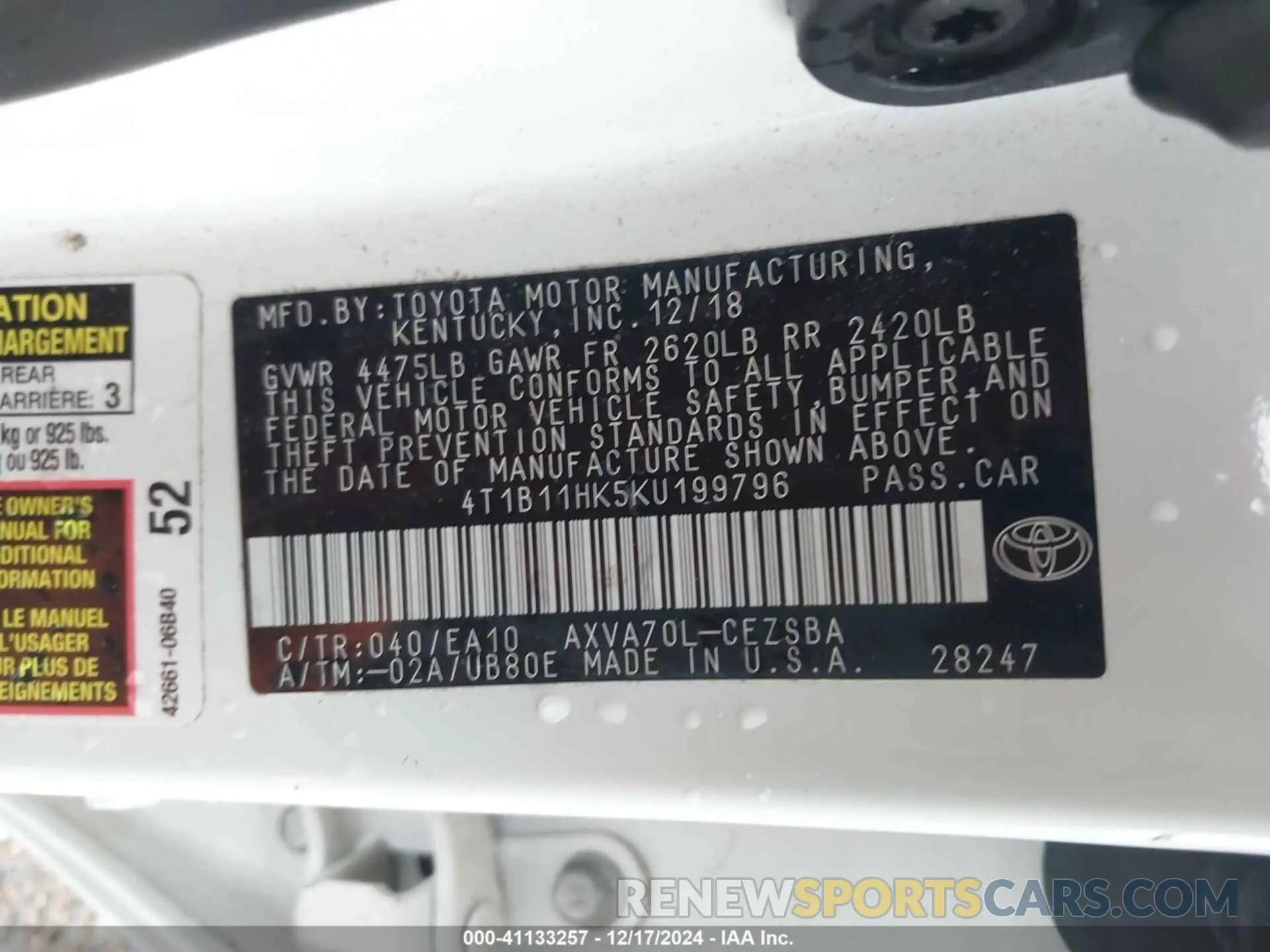 9 fotografías del automóvil dañado 4T1B11HK5KU199796 TOYOTA CAMRY 2019