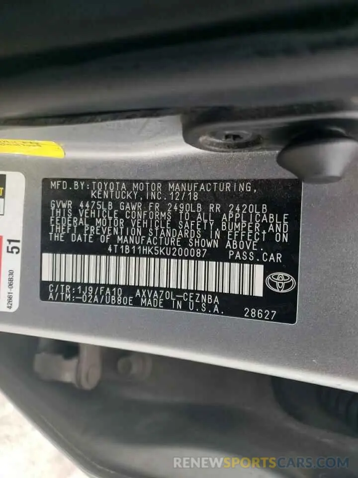 12 fotografías del automóvil dañado 4T1B11HK5KU200087 TOYOTA CAMRY 2019