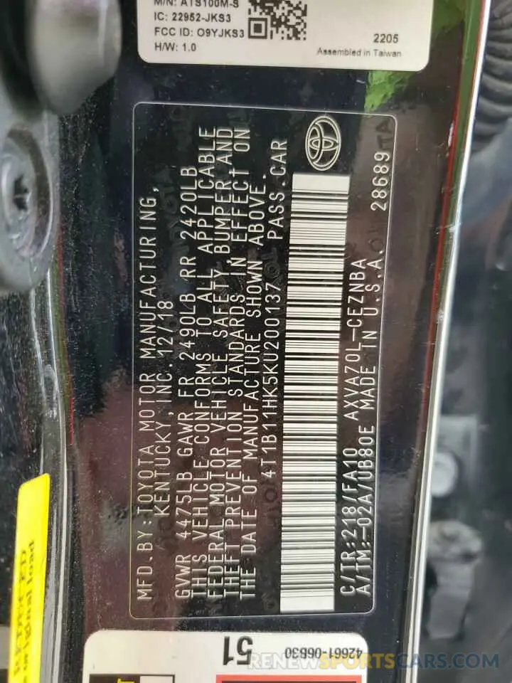 13 fotografías del automóvil dañado 4T1B11HK5KU200137 TOYOTA CAMRY 2019
