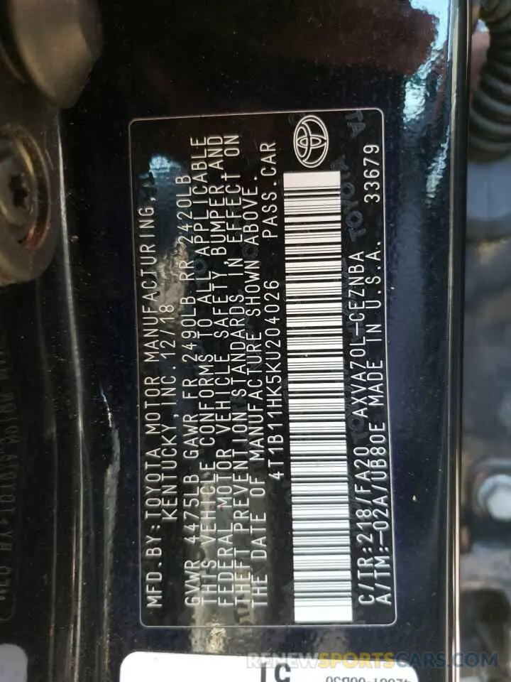 12 fotografías del automóvil dañado 4T1B11HK5KU204026 TOYOTA CAMRY 2019