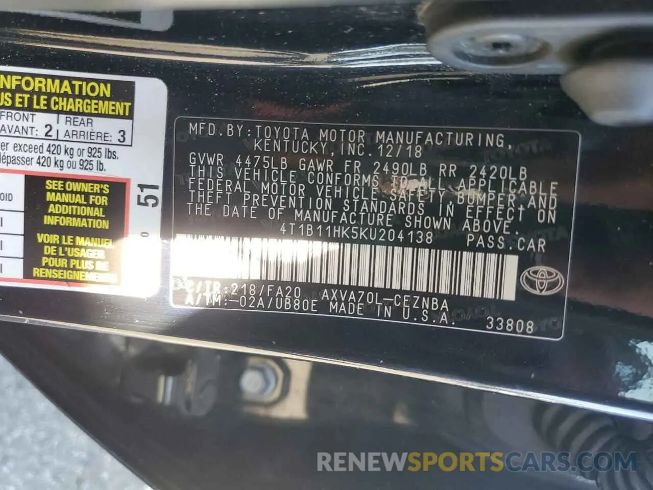 14 fotografías del automóvil dañado 4T1B11HK5KU204138 TOYOTA CAMRY 2019
