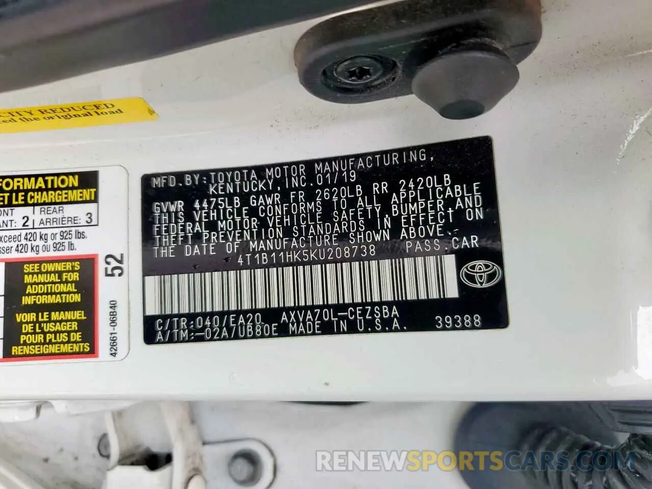12 fotografías del automóvil dañado 4T1B11HK5KU208738 TOYOTA CAMRY 2019